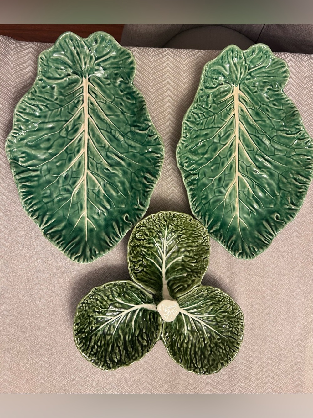 Bordallo Pinheiro Portugal Green Cabbage 15" Majolica 2 Serving Platters + Olive